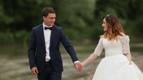 Gelin ve damat nehir kenarında elele — Stok video