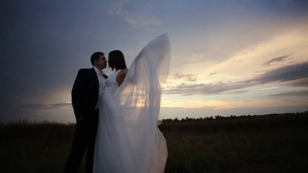 Glückliche Braut und Bräutigam beim Sonnenuntergang — Stockvideo