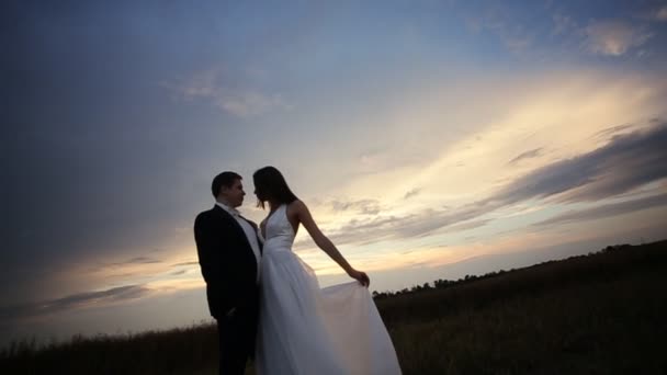 Šťastná nevěsta a ženich v západu slunce — Stock video