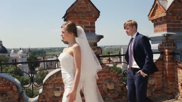 Casal de casamento feliz estão andando e sorrindo — Vídeo de Stock