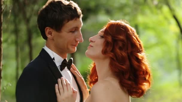 Rossa sposa e sposo abbracciare nella foresta — Video Stock