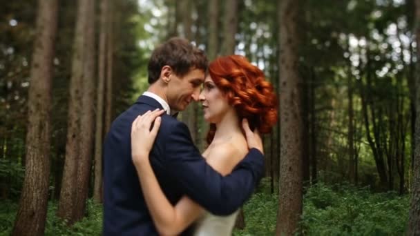 Braut und Bräutigam umarmen sich vor dem Hintergrund des Waldes — Stockvideo