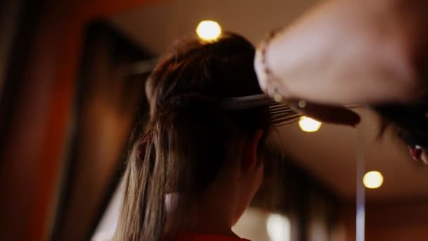 Friseurin trägt Haarglätter für langes Haar der jungen Frau auf — Stockvideo