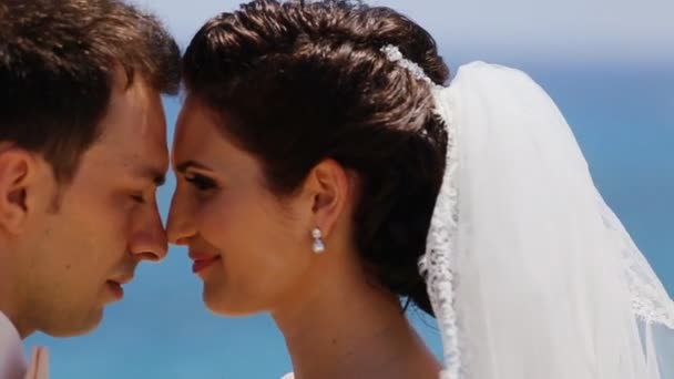 Carino sposa abbraccio su uno sfondo del mare — Video Stock