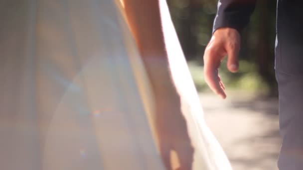 Молодую пару молодожены держат за руки во время прогулки — стоковое видео