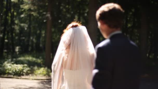 Mariée et marié s'embrassent dans une allée ensoleillée du parc .