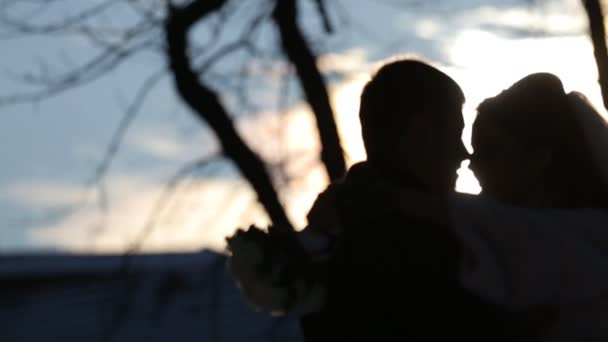 Silhouette of bride hugs and kisses groom with bouquet round his neck against sun rising, — Stock Video