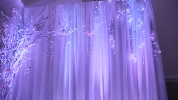 Interior of a wedding hall decoration ready for guests.Beautiful room for ceremonies and weddings.Wedding concept.Luxury stylish wedding reception purple decorations expensive hall.Wedding decor — Stock Video