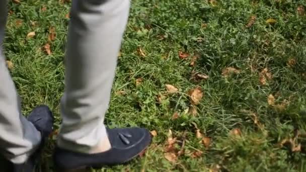 Hombre caminando sobre la hierba — Vídeos de Stock