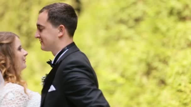 Nevěsta a ženich všeobjímající na pozadí lesa — Stock video