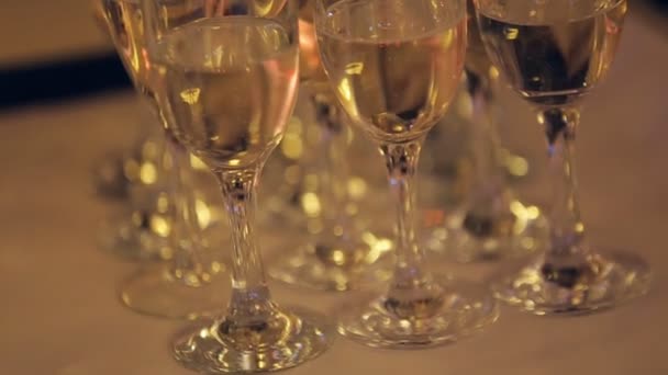 Muitos copos de champanhe na mesa — Vídeo de Stock
