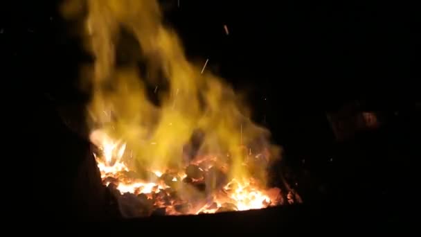 Nærbillede af ovn i smedeværksted med flammer i slowmotion – Stock-video