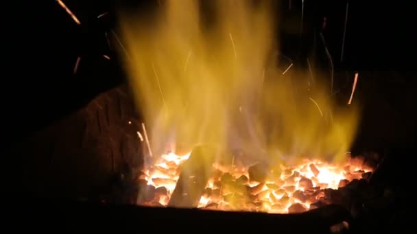 Close-up de forno na oficina de ferreiro com chamas em câmera lenta — Vídeo de Stock