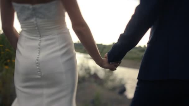 Svatební téma drží ruce novomanželů — Stock video