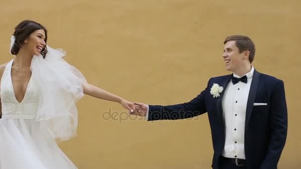Nevěsta a ženich drží ruce a smilling — Stock video