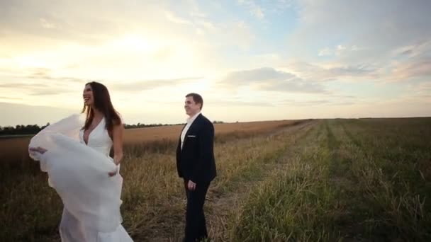 Sposa e sposo in possesso e ridere — Video Stock