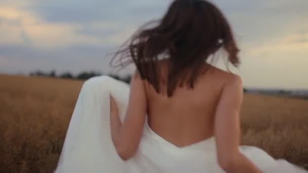 Feliz novia saltando y corriendo en el campo de trigo — Vídeo de stock