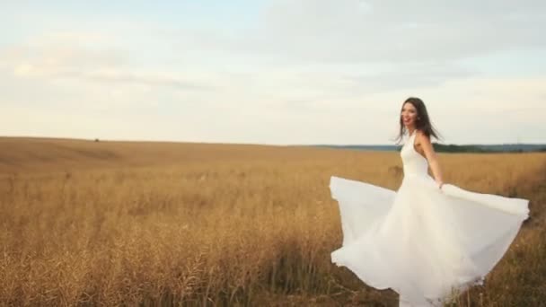 Happy couple are laughing at the wheat field — Stock Video