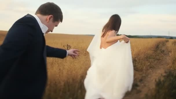 Sposa e sposo che saltano al campo di grano — Video Stock