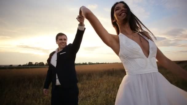 Frisch verheiratetes Paar auf dem Weizenfeld — Stockvideo