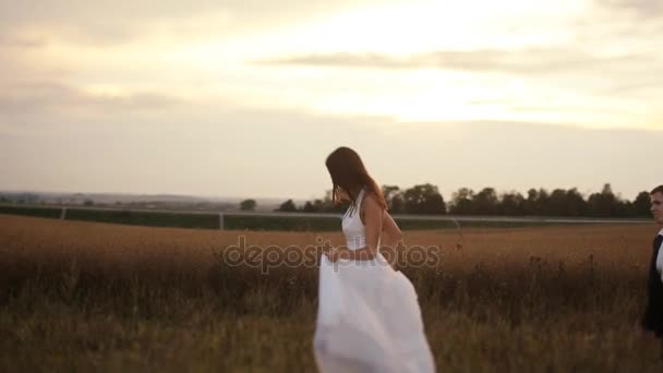 Bride and groom are jumping at the wheat field and dancing — Stock Video