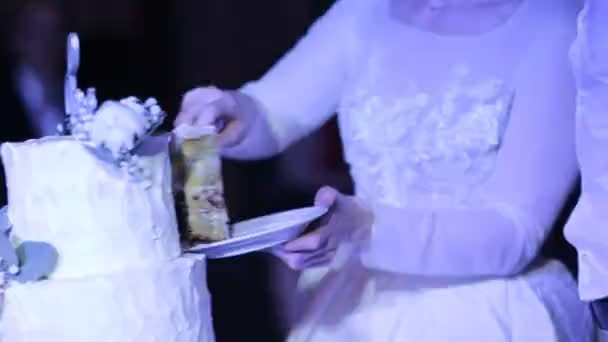 Snijden en vouwen platen op de bruidstaart — Stockvideo
