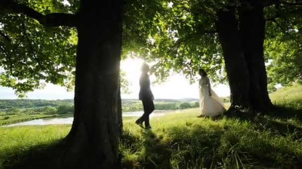 Το ζευγάρι που αγκαλιάζουν κάτω από ένα δέντρο στο φόντο της φύσης — Αρχείο Βίντεο