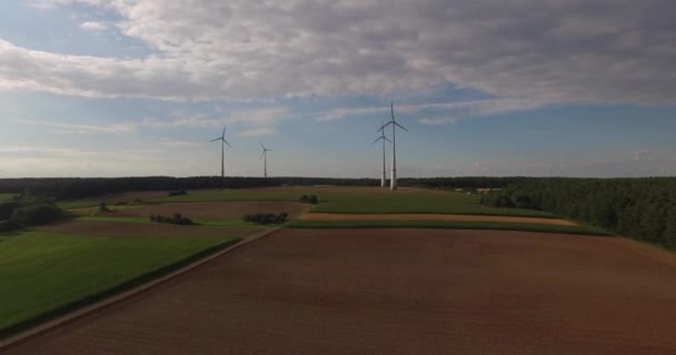 Aerial view of wind turbines located over big field territory — Stock Video