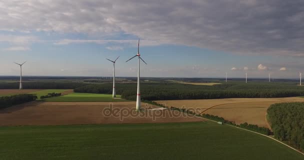 Vista aérea das turbinas eólicas no meio do prado — Vídeo de Stock