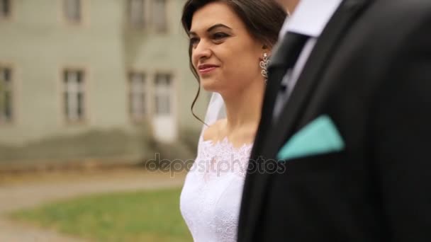 Boda pareja caminando al aire libre cerca de hermoso castillo viejo — Vídeos de Stock