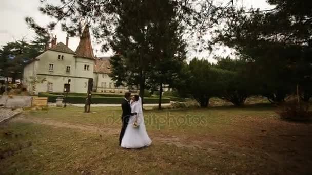 Novia de boda y novio caminando por el parque y besándose cerca del viejo castillo — Vídeos de Stock