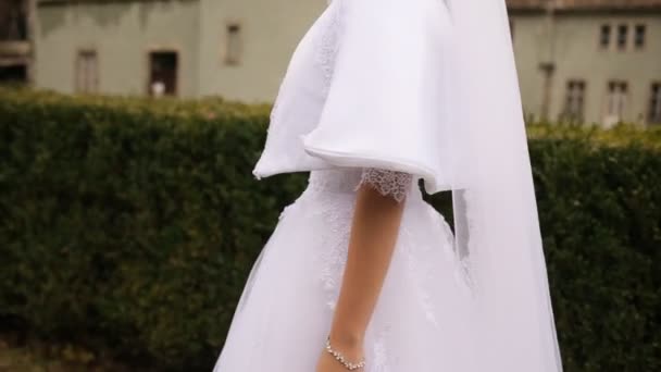 Закрыть невесту и жениха, идущих по тропинке возле красивого замка — стоковое видео