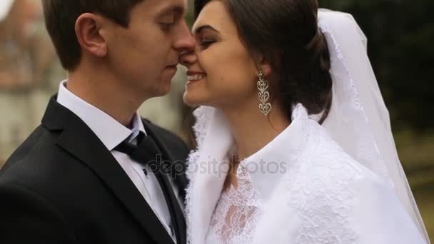 Nahaufnahme-Video des Bräutigams küsst eine schöne lächelnde Braut mit Schloss-Hintergrund — Stockvideo