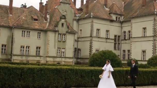 Svatební ženich a nevěsta chůzi na cestě nedaleko starého hradu v parku — Stock video