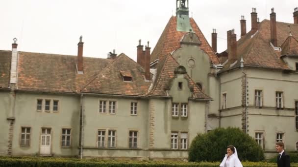 Svatební ženich a nevěsta chůzi na cestě nedaleko starého hradu v parku. — Stock video