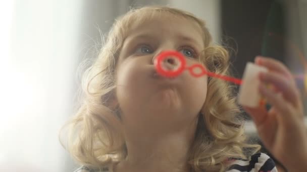 Retrato de bela menina caucasiana com cabelo encaracolado loiro fazendo soprador de bolhas e olhando para a câmera no fundo da casa. Interior . — Vídeo de Stock