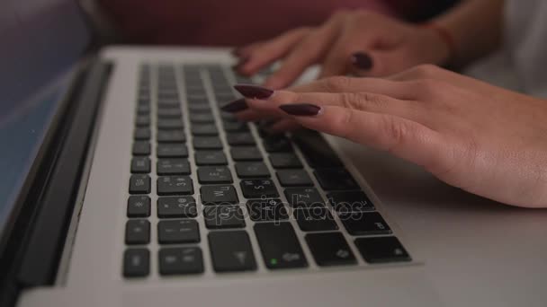 Close-up shot van de handen van de jonge vrouw iets te typen op laptop. — Stockvideo