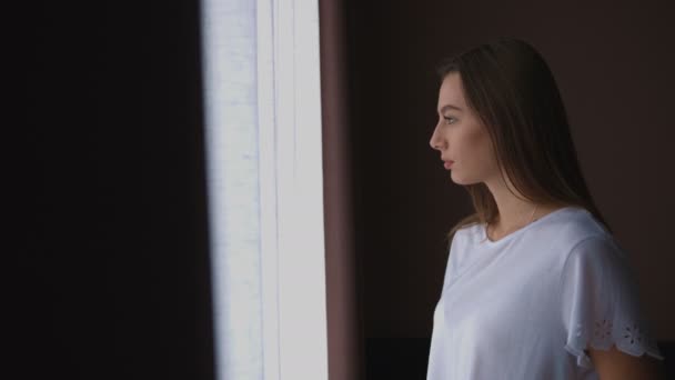 Портрет молодої жінки, що стоїть біля вікна у вітальні, повертається до камери і посміхається . — стокове відео