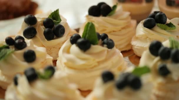 Close up shot of blueberry cakes from the wedding candy bar. — Stock Video