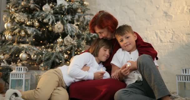 Feliz abuela abrazando a sus nietos cerca del árbol de navidad decorado. La mañana antes de Navidad. Familia con niños celebrando la Navidad en casa — Vídeo de stock