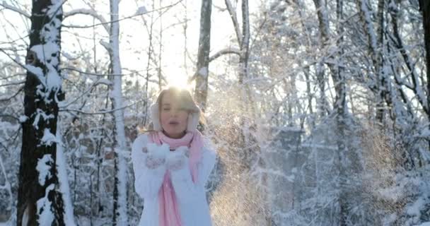 Tempo de inverno feliz na grande cidade de menina encantadora se divertindo no parque, apreciando a queda de neve, expressando positividade, sorrindo para a câmera, humor alegre alegre, emoções — Vídeo de Stock