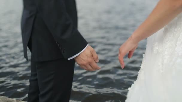 新たに結婚した結婚式のカップルが湖の背景に手を繋いでいます。新郎は、手で花嫁を受け取り — ストック動画
