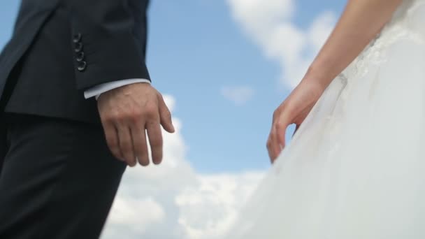 Coppia di sposi appena sposati che si tiene per mano su sfondo cielo. Lo sposo prende la sposa per mano — Video Stock