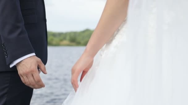 Pareja de boda recién casada tomados de la mano en el fondo natural. El novio toma a la novia de la mano — Vídeo de stock