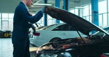 Otomobil tamircisinin beyaz erkek çalışanı, garajdaki el feneriyle arabaya giriyor ve arama yapıyor. Otomobil tamir eden adam mühendisi.