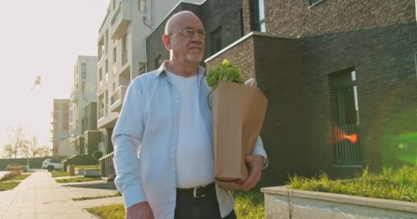 Καυκάσιος γέρος με γυαλιά που περπατάει στο δρόμο μετά τα ψώνια και κουβαλάει πακέτο με ψώνια. Άντρας συνταξιούχος συνταξιούχος που κρατάει και μεταφέρει φαγητό σε σακούλα στο ύπαιθρο. Επιστρέφοντας από την αγορά. — Αρχείο Βίντεο