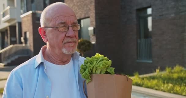 Primer plano del anciano caucásico en gafas caminando por la calle de casa después de ir de compras y llevar el paquete con la tienda de comestibles. Hombre pensionista senior llevando comida en bolsa al aire libre. Volviendo del mercado . — Vídeos de Stock