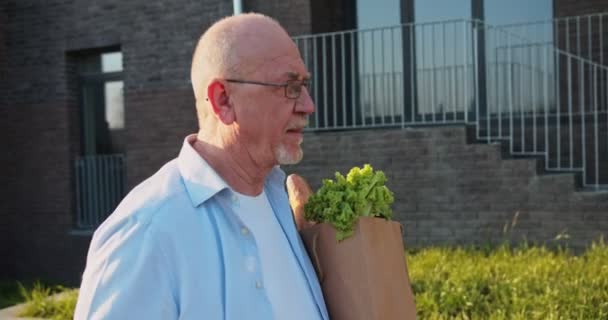 Hermoso abuelo mayor caucásico en vasos sosteniendo el paquete con comida y caminando por la calle. El viejo vuelve a casa de ir de compras al aire libre. Pensionista masculino que transporta comestibles del mercado . — Vídeo de stock