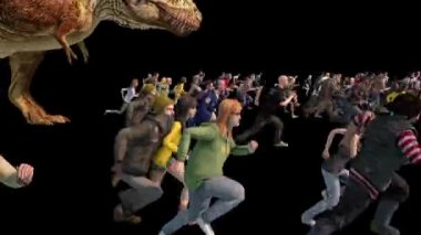 Dinozor kükreme insanlar korku içinde yan Alfa mat kaçmak 3d render animasyonlar