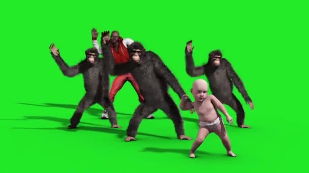 Grupo Chimpanzé Homem Bebê Casa Dança Dançarino Tela Verde Renderização — Vídeo de Stock